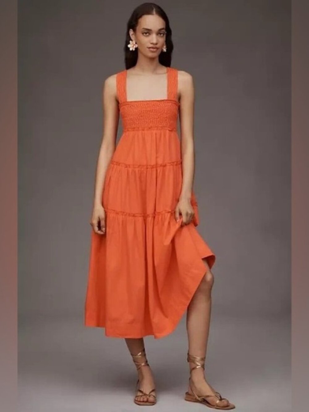 Anthropologie The HELENA Square-Neck SMOCKED TIERED Midi Dress NWT Hot Lava M